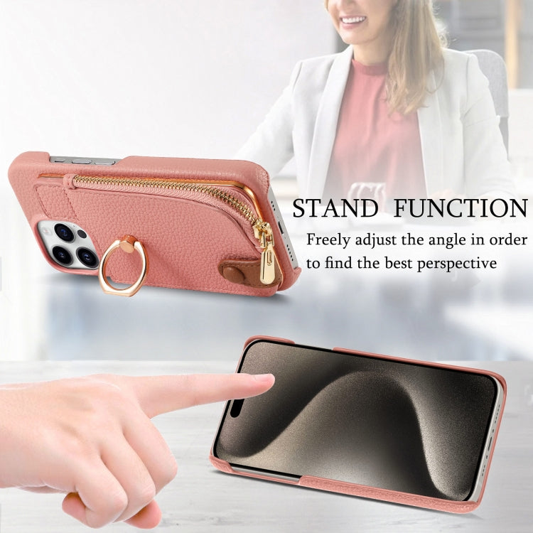 For iPhone 15 Pro Max Litchi Leather Oil Edge Ring Zipper Wallet Back Phone Case(Pink) - HoMEdemic™ 