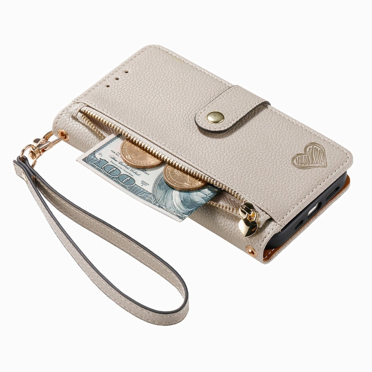 For iPhone 15 Pro Max Love Zipper Lanyard Leather Phone Case(Gray) - HoMEdemic™ 