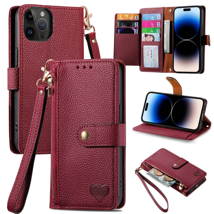 For iPhone 15 Pro Max Love Zipper Lanyard Leather Phone Case(Red) - HoMEdemic™ 