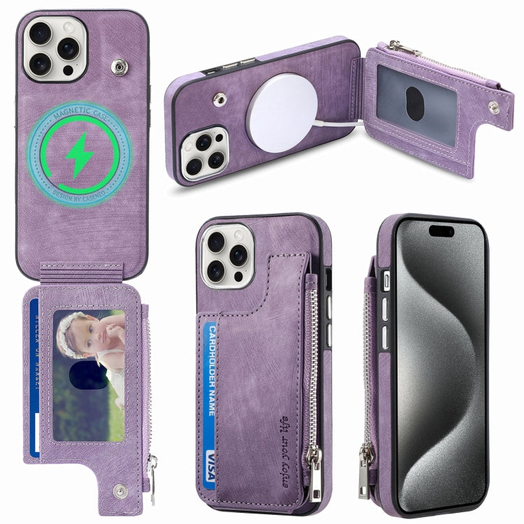 For iPhone 15 Pro Max Magsafe Zipper RFID Wallet All-inclusive Shockrpoof Phone Case(Purple) - HoMEdemic™ 