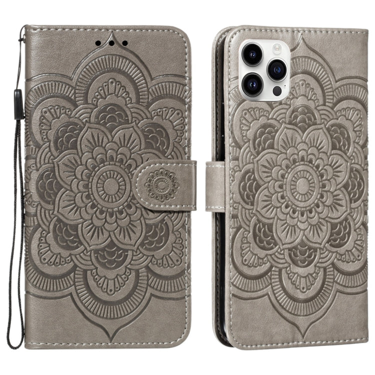 For iPhone 15 Pro Max Mandala Embossing Pattern Horizontal Flip Leather Phone Case(Gray) - HoMEdemic™ 