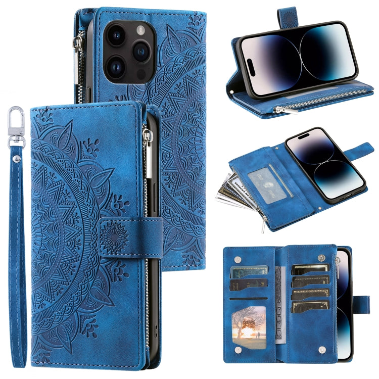 For iPhone 15 Pro Max Multi-Card Totem Zipper Leather Phone Case(Blue) - HoMEdemic™ 