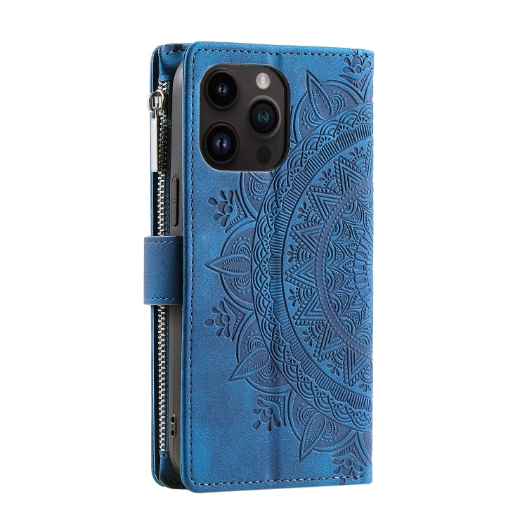 For iPhone 15 Pro Max Multi-Card Totem Zipper Leather Phone Case(Blue) - HoMEdemic™ 