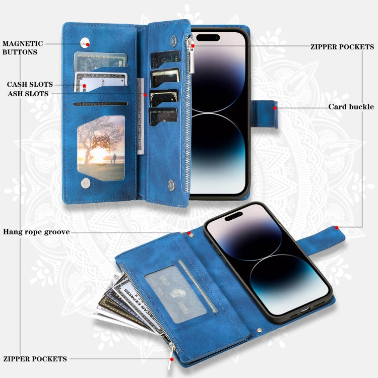For iPhone 15 Pro Max Multi-Card Totem Zipper Leather Phone Case(Blue) - HoMEdemic™ 