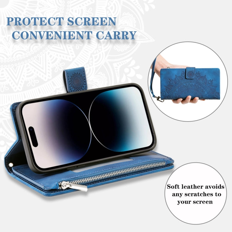 For iPhone 15 Pro Max Multi-Card Totem Zipper Leather Phone Case(Blue) - HoMEdemic™ 
