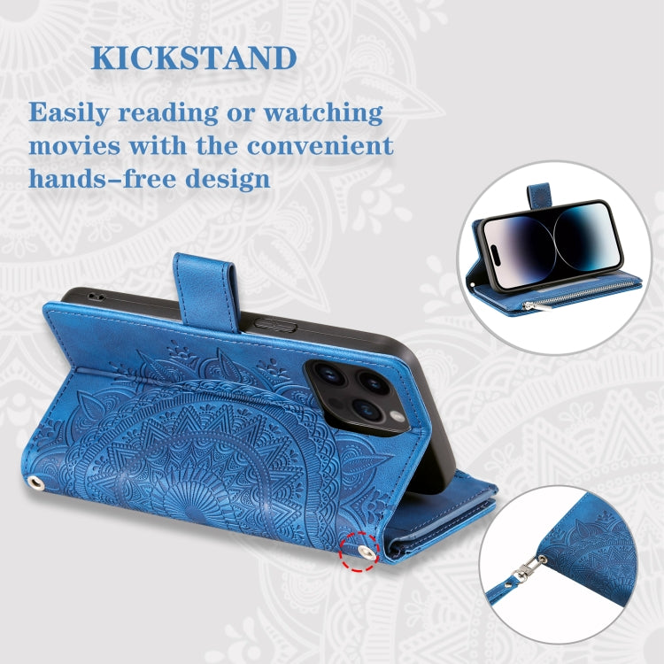 For iPhone 15 Pro Max Multi-Card Totem Zipper Leather Phone Case(Blue) - HoMEdemic™ 