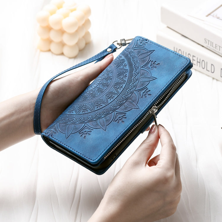 For iPhone 15 Pro Max Multi-Card Totem Zipper Leather Phone Case(Blue) - HoMEdemic™ 