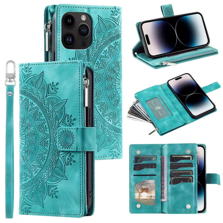 For iPhone 15 Pro Max Multi-Card Totem Zipper Leather Phone Case(Green) - HoMEdemic™ 