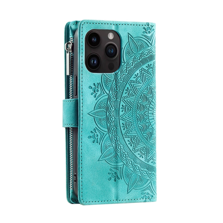 For iPhone 15 Pro Max Multi-Card Totem Zipper Leather Phone Case(Green) - HoMEdemic™ 