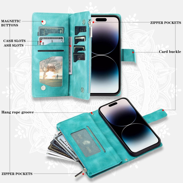 For iPhone 15 Pro Max Multi-Card Totem Zipper Leather Phone Case(Green) - HoMEdemic™ 
