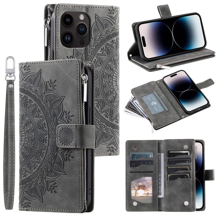 For iPhone 15 Pro Max Multi-Card Totem Zipper Leather Phone Case(Grey) - HoMEdemic™ 