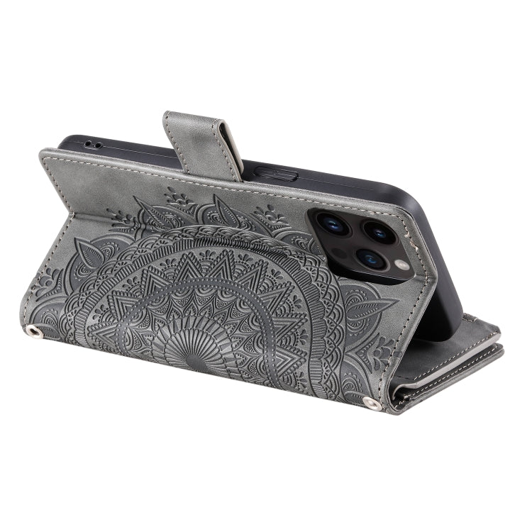 For iPhone 15 Pro Max Multi-Card Totem Zipper Leather Phone Case(Grey) - HoMEdemic™ 