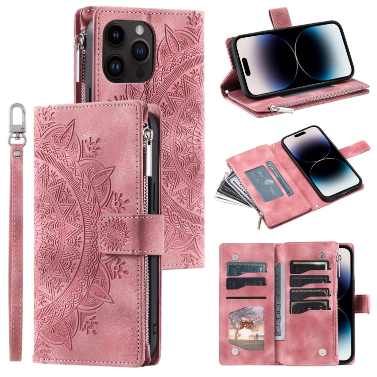 For iPhone 15 Pro Max Multi-Card Totem Zipper Leather Phone Case(Pink) - HoMEdemic™ 