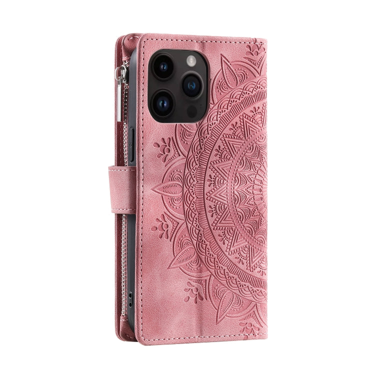 For iPhone 15 Pro Max Multi-Card Totem Zipper Leather Phone Case(Pink) - HoMEdemic™ 