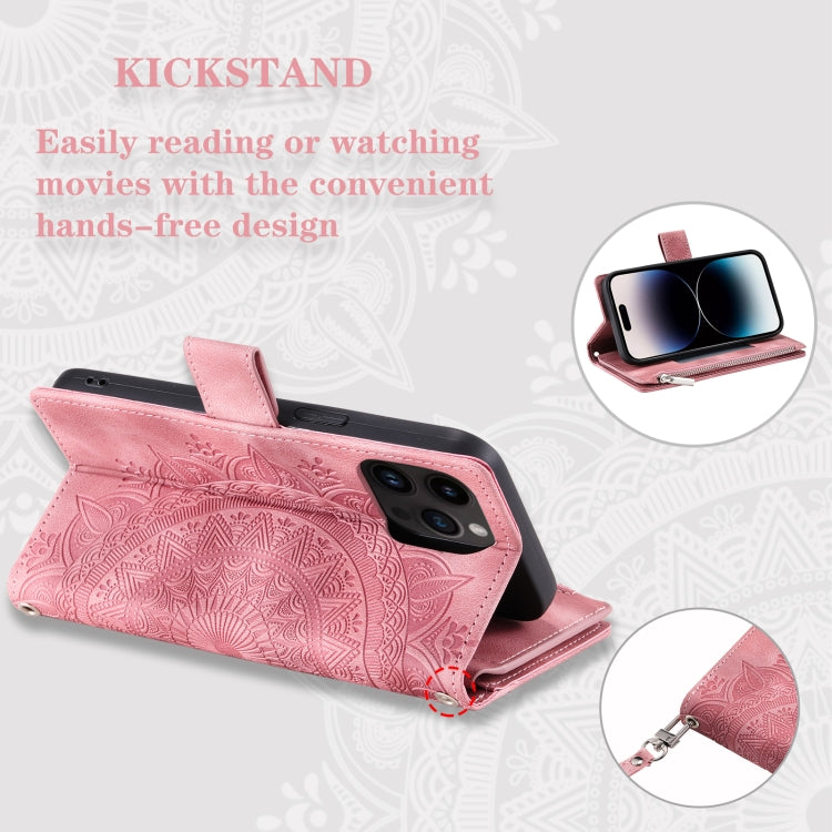 For iPhone 15 Pro Max Multi-Card Totem Zipper Leather Phone Case(Pink) - HoMEdemic™ 
