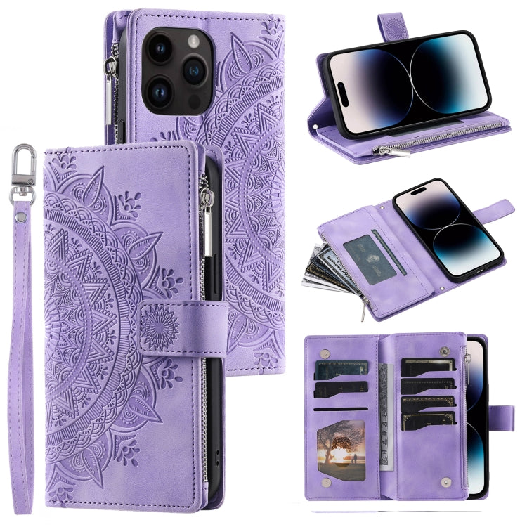 For iPhone 15 Pro Max Multi-Card Totem Zipper Leather Phone Case(Purple) - HoMEdemic™ 