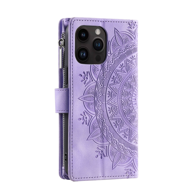 For iPhone 15 Pro Max Multi-Card Totem Zipper Leather Phone Case(Purple) - HoMEdemic™ 