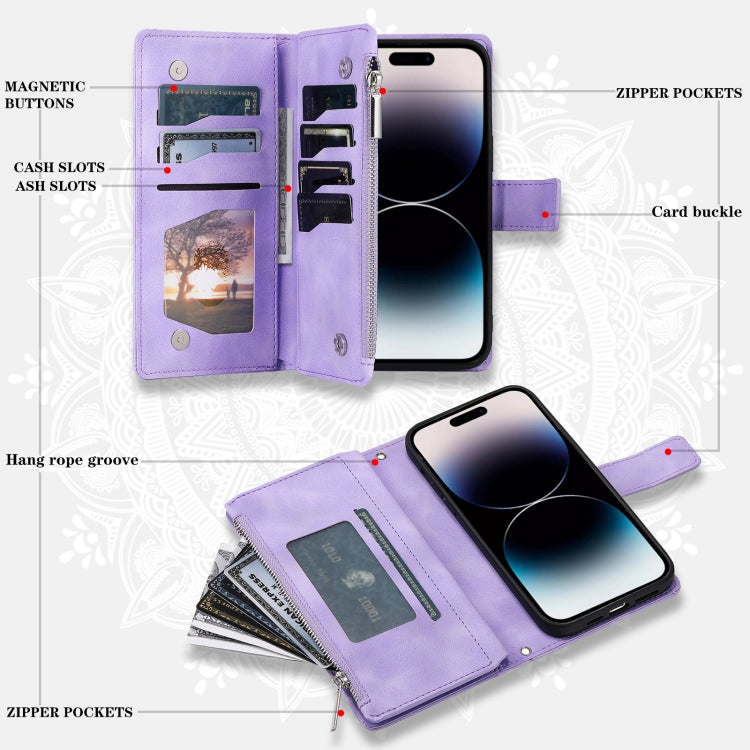 For iPhone 15 Pro Max Multi-Card Totem Zipper Leather Phone Case(Purple) - HoMEdemic™ 