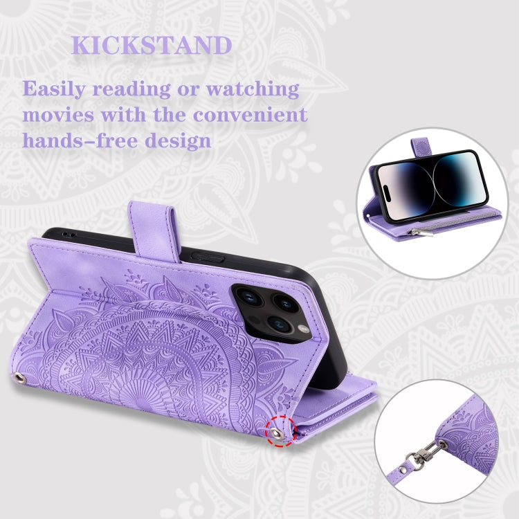 For iPhone 15 Pro Max Multi-Card Totem Zipper Leather Phone Case(Purple) - HoMEdemic™ 