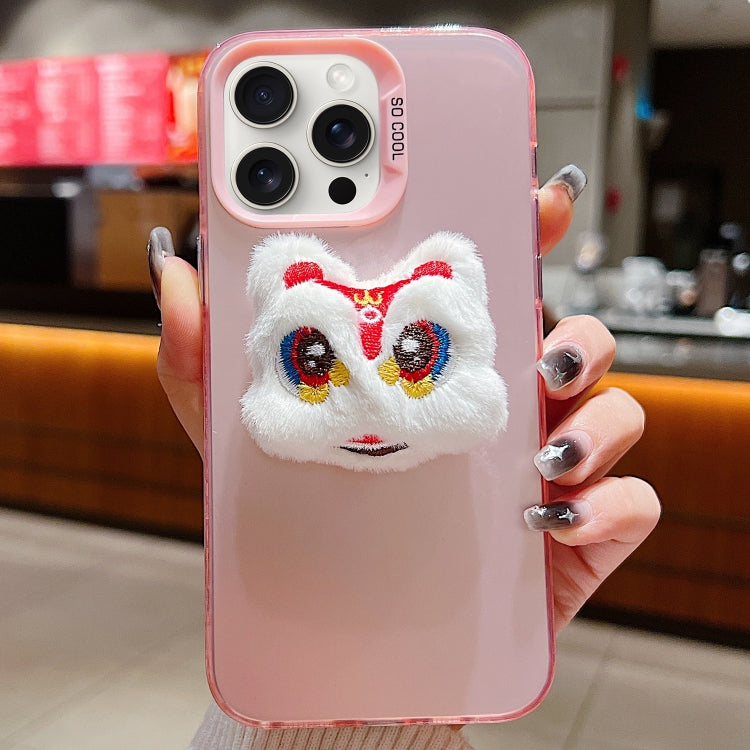 For iPhone 15 Pro Max New Year Lion Dance Plush Doll Phone Case(Pink Back White Lion) - HoMEdemic™ 