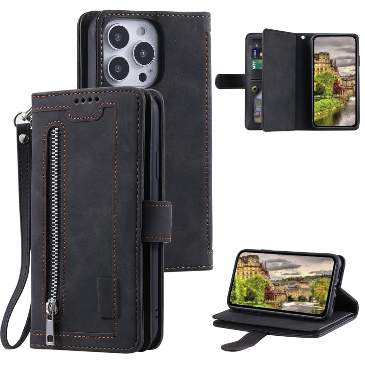 For iPhone 15 Pro Max Nine Card Zipper Bag Leather Phone Case with Lanyard(Black) - HoMEdemic™ 