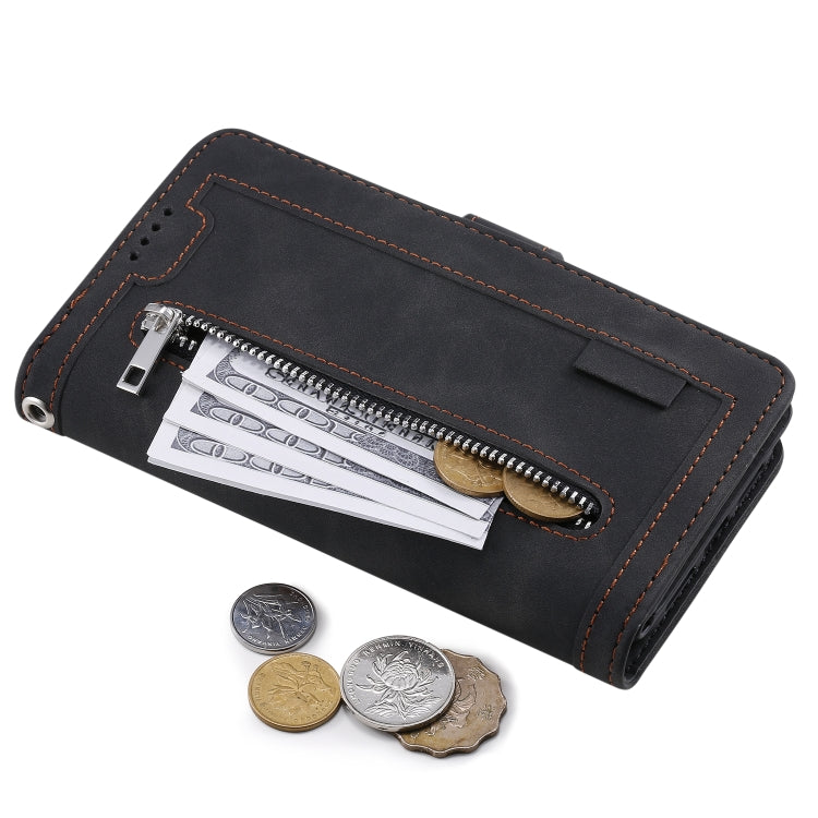 For iPhone 15 Pro Max Nine Card Zipper Bag Leather Phone Case with Lanyard(Black) - HoMEdemic™ 
