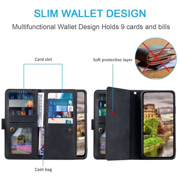 For iPhone 15 Pro Max Nine Card Zipper Bag Leather Phone Case with Lanyard(Black) - HoMEdemic™ 