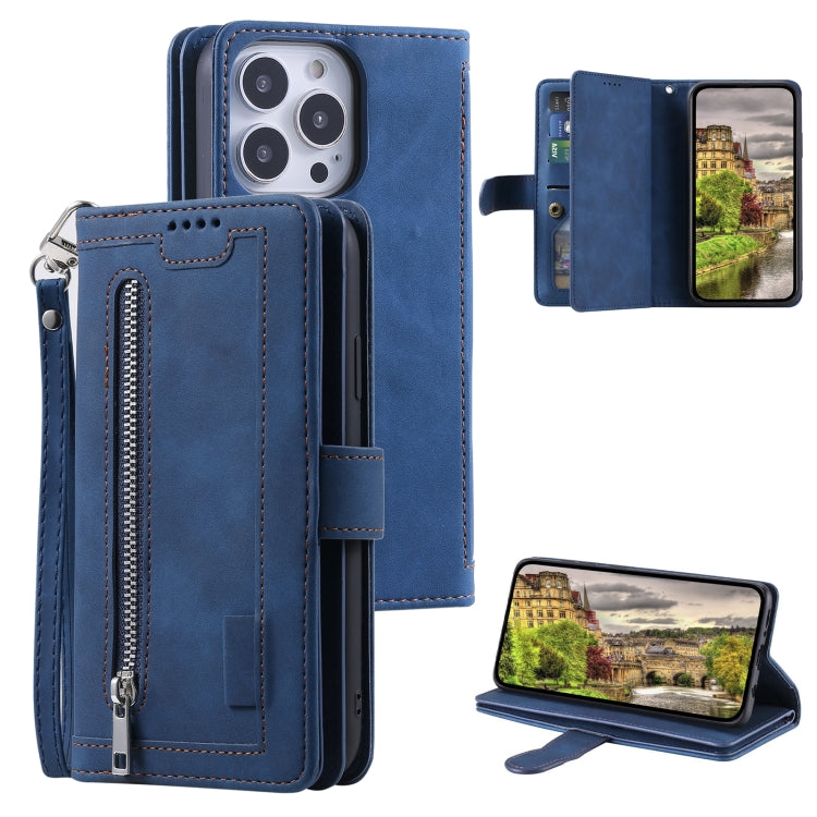 For iPhone 15 Pro Max Nine Card Zipper Bag Leather Phone Case with Lanyard(Blue) - HoMEdemic™ 