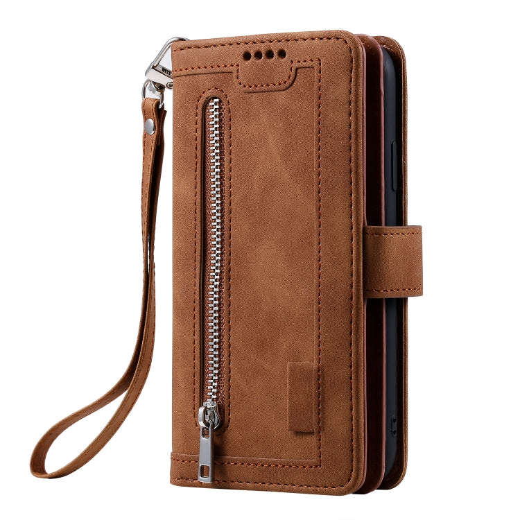 For iPhone 15 Pro Max Nine Card Zipper Bag Leather Phone Case with Lanyard(Brown) - HoMEdemic™ 
