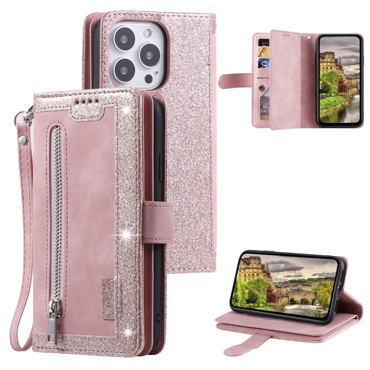For iPhone 15 Pro Max Nine Card Zipper Bag Leather Phone Case with Lanyard(Pink) - HoMEdemic™ 