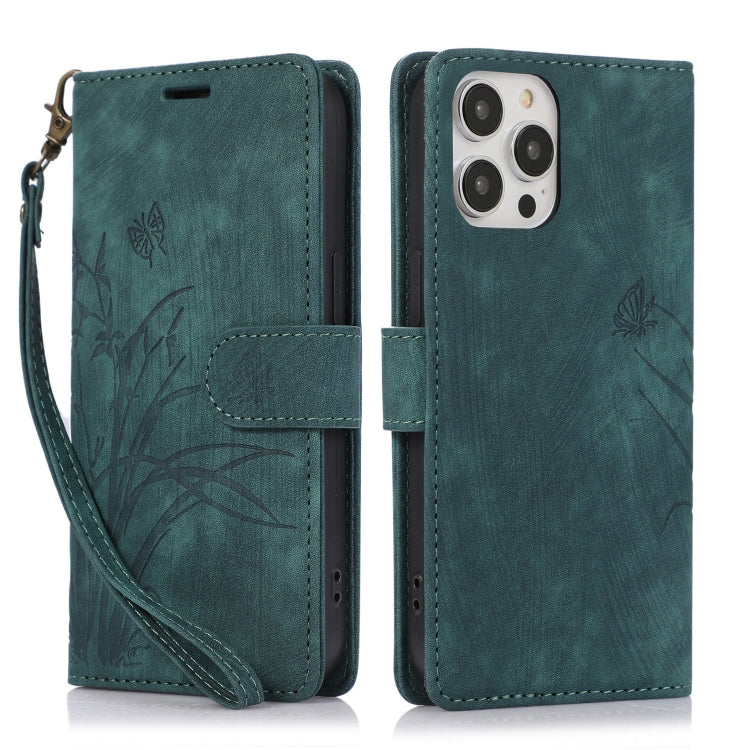 For iPhone 15 Pro Max Orchid Butterfly Embossed Leather Phone Case(Green) - HoMEdemic™ 