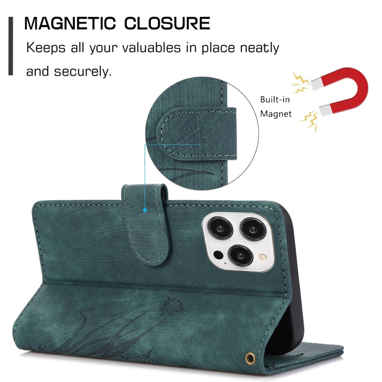 For iPhone 15 Pro Max Orchid Butterfly Embossed Leather Phone Case(Green) - HoMEdemic™ 