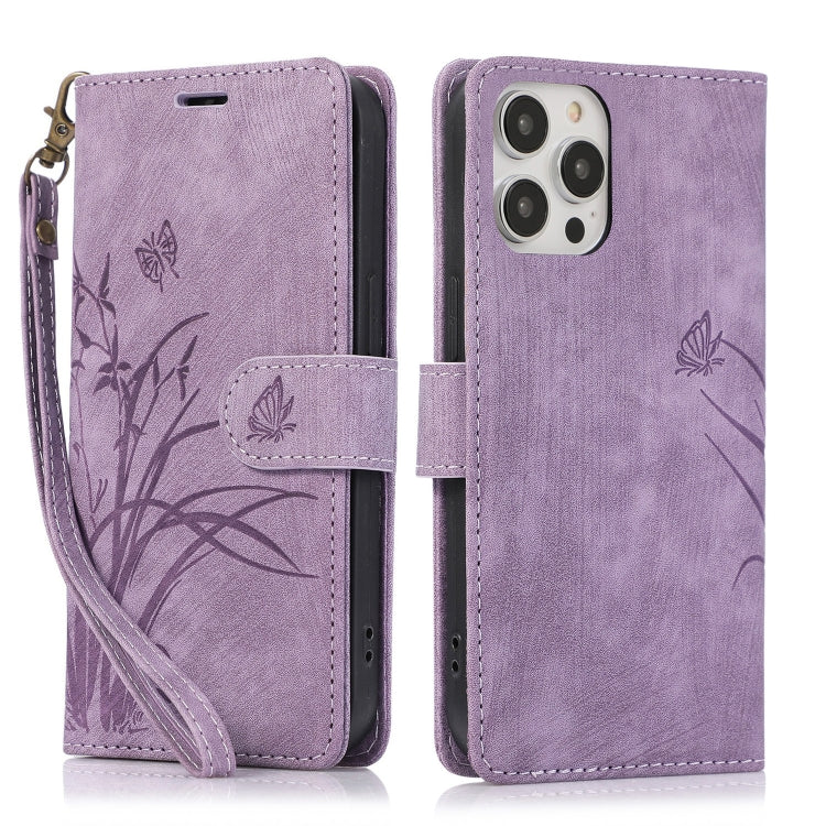 For iPhone 15 Pro Max Orchid Butterfly Embossed Leather Phone Case(Purple) - HoMEdemic™ 
