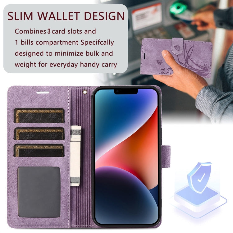 For iPhone 15 Pro Max Orchid Butterfly Embossed Leather Phone Case(Purple) - HoMEdemic™ 