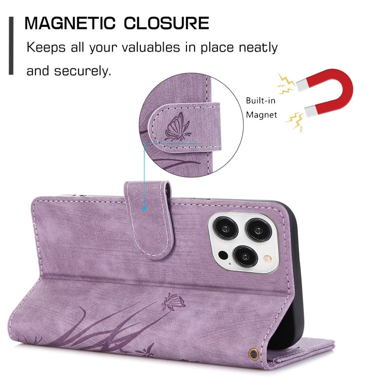 For iPhone 15 Pro Max Orchid Butterfly Embossed Leather Phone Case(Purple) - HoMEdemic™ 