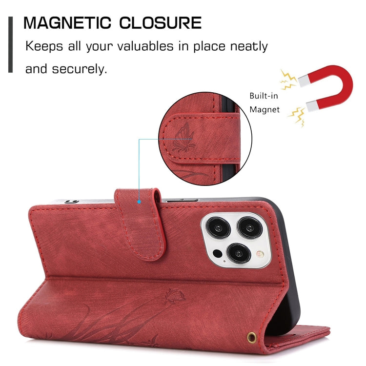 For iPhone 15 Pro Max Orchid Butterfly Embossed Leather Phone Case(Red) - HoMEdemic™ 