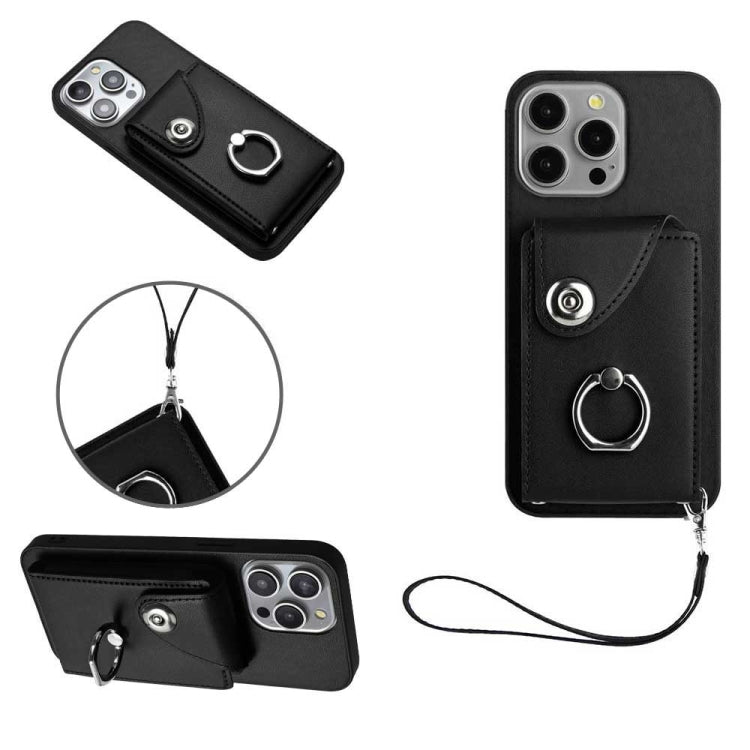 For iPhone 15 Pro Max Organ Card Bag Ring Holder PU Phone Case with Lanyard(Black) - HoMEdemic™ 