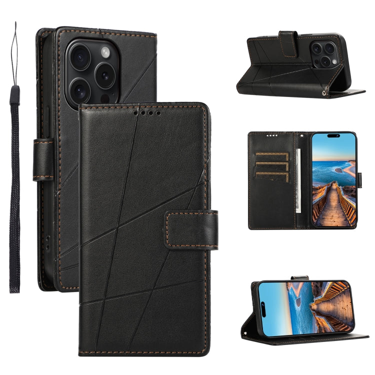 For iPhone 15 Pro Max PU Genuine Leather Texture Embossed Line Phone Case(Black) - HoMEdemic™ 