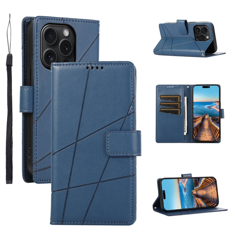 For iPhone 15 Pro Max PU Genuine Leather Texture Embossed Line Phone Case(Blue) - HoMEdemic™ 