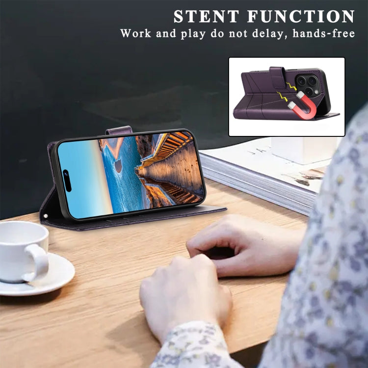 For iPhone 15 Pro Max PU Genuine Leather Texture Embossed Line Phone Case(Purple) - HoMEdemic™ 