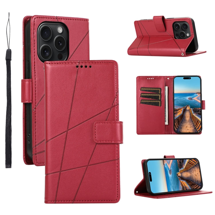For iPhone 15 Pro Max PU Genuine Leather Texture Embossed Line Phone Case(Red) - HoMEdemic™ 