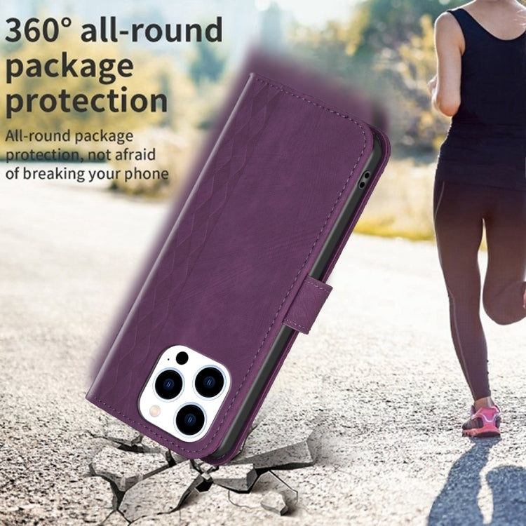 For iPhone 15 Pro Max Plaid Embossed Leather Phone Case(Purple) - HoMEdemic™ 