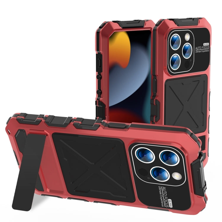For iPhone 15 Pro Max R-JUST Metal + Silicone + Tempered Glass Life Waterproof Phone Case with Holder(Red) - HoMEdemic™ 