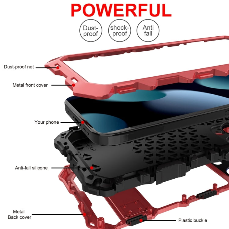 For iPhone 15 Pro Max R-JUST Metal + Silicone + Tempered Glass Life Waterproof Phone Case with Holder(Red) - HoMEdemic™ 