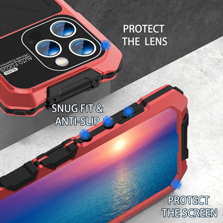 For iPhone 15 Pro Max R-JUST Metal + Silicone + Tempered Glass Life Waterproof Phone Case with Holder(Red) - HoMEdemic™ 