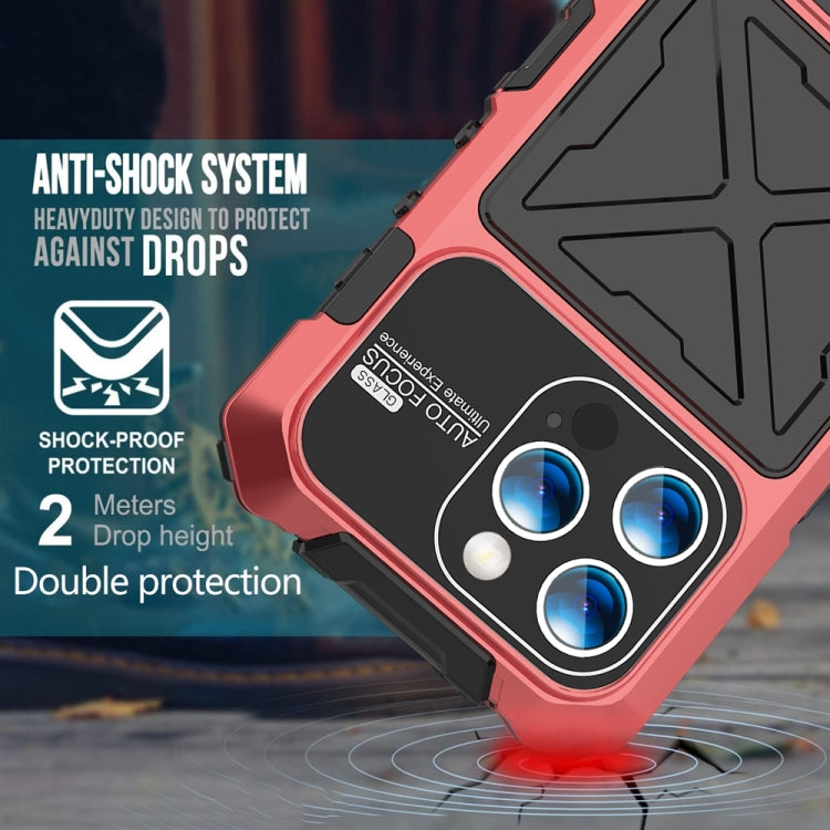 For iPhone 15 Pro Max R-JUST Metal + Silicone + Tempered Glass Life Waterproof Phone Case with Holder(Red) - HoMEdemic™ 