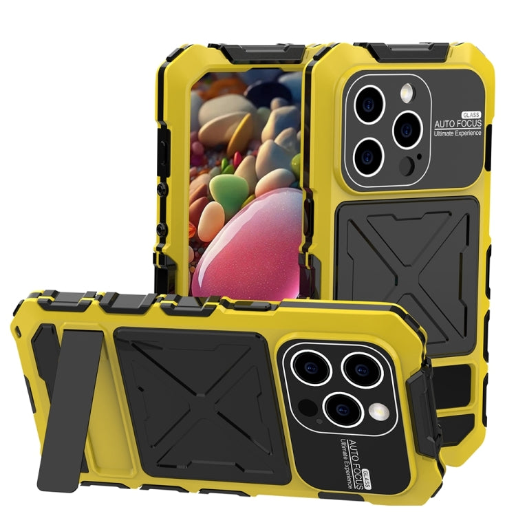 For iPhone 15 Pro Max R-JUST Metal + Silicone + Tempered Glass Life Waterproof Phone Case with Holder(Yellow) - HoMEdemic™ 