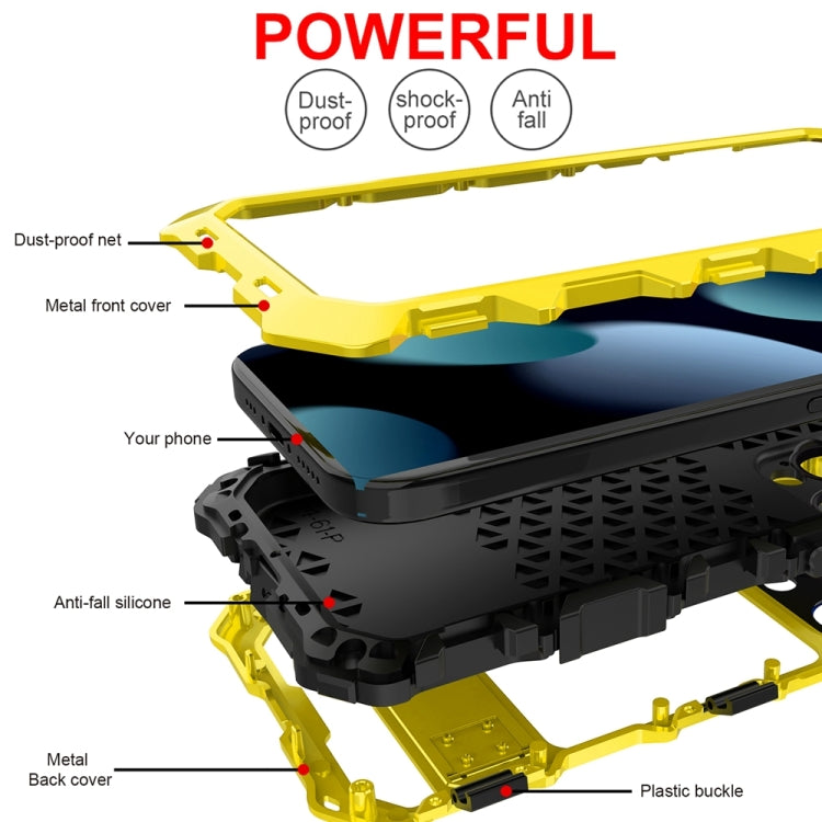 For iPhone 15 Pro Max R-JUST Metal + Silicone + Tempered Glass Life Waterproof Phone Case with Holder(Yellow) - HoMEdemic™ 
