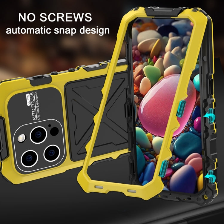 For iPhone 15 Pro Max R-JUST Metal + Silicone + Tempered Glass Life Waterproof Phone Case with Holder(Yellow) - HoMEdemic™ 