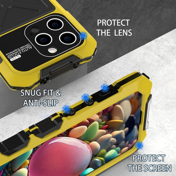 For iPhone 15 Pro Max R-JUST Metal + Silicone + Tempered Glass Life Waterproof Phone Case with Holder(Yellow) - HoMEdemic™ 